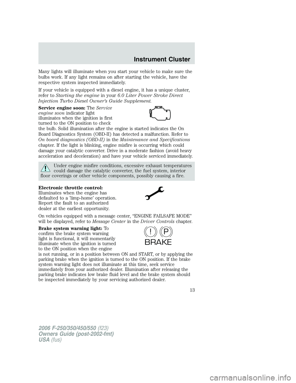 FORD F250 2006 User Guide Many lights will illuminate when you start your vehicle to make sure the
bulbs work. If any light remains on after starting the vehicle, have the
respective system inspected immediately.
If your vehic