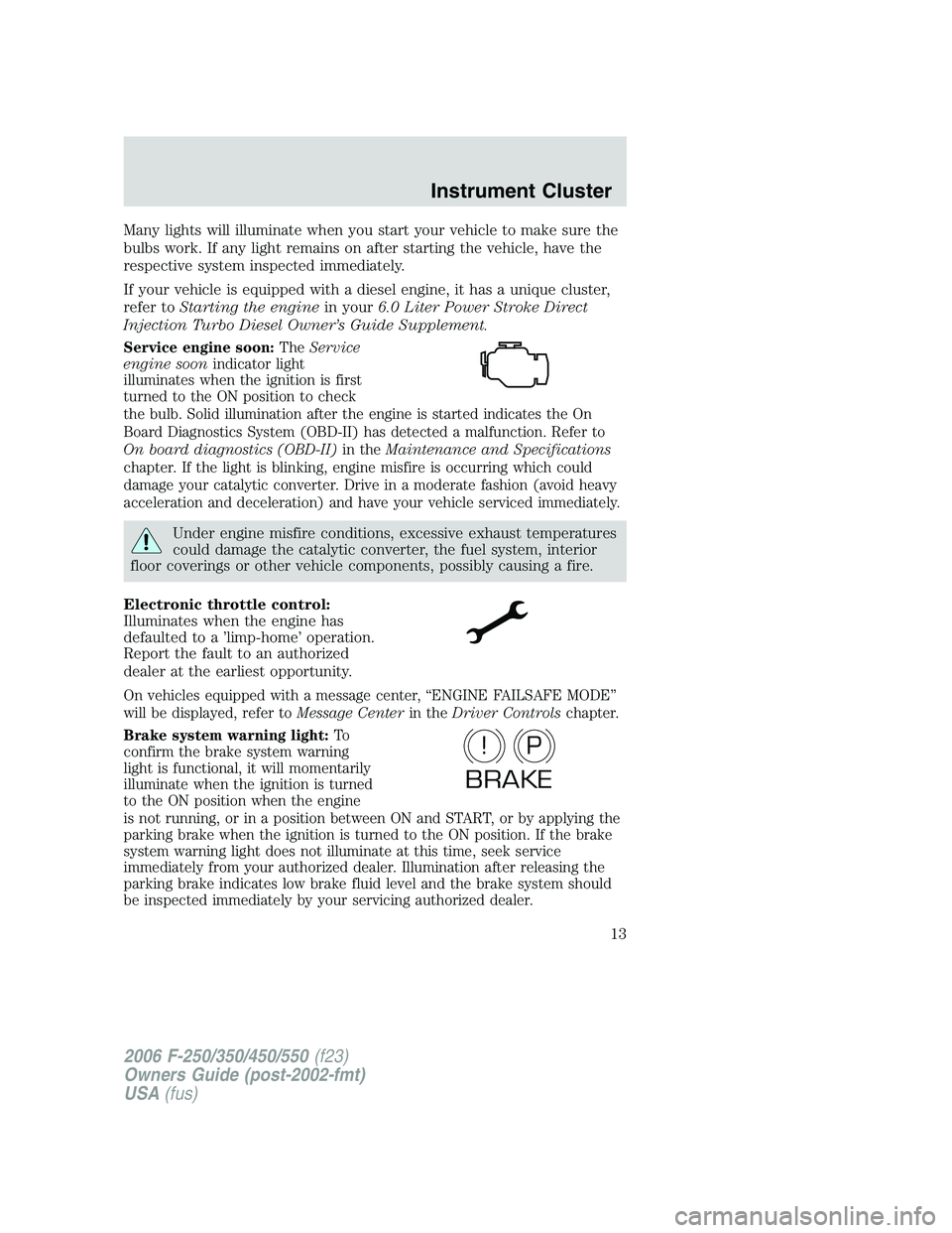 FORD F250 2006  Owners Manual Many lights will illuminate when you start your vehicle to make sure the
bulbs work. If any light remains on after starting the vehicle, have the
respective system inspected immediately.
If your vehic