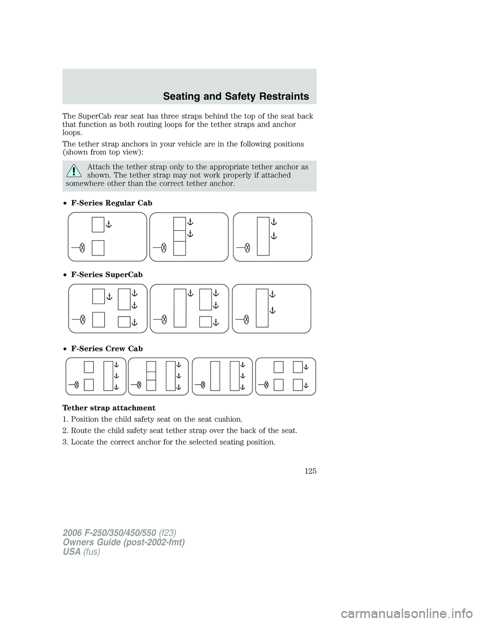 FORD F250 2006 Owners Manual The SuperCab rear seat has three straps behind the top of the seat back
that function as both routing loops for the tether straps and anchor
loops.
The tether strap anchors in your vehicle are in the FORD F250 2006 Owners Manual The SuperCab rear seat has three straps behind the top of the seat back
that function as both routing loops for the tether straps and anchor
loops.
The tether strap anchors in your vehicle are in the