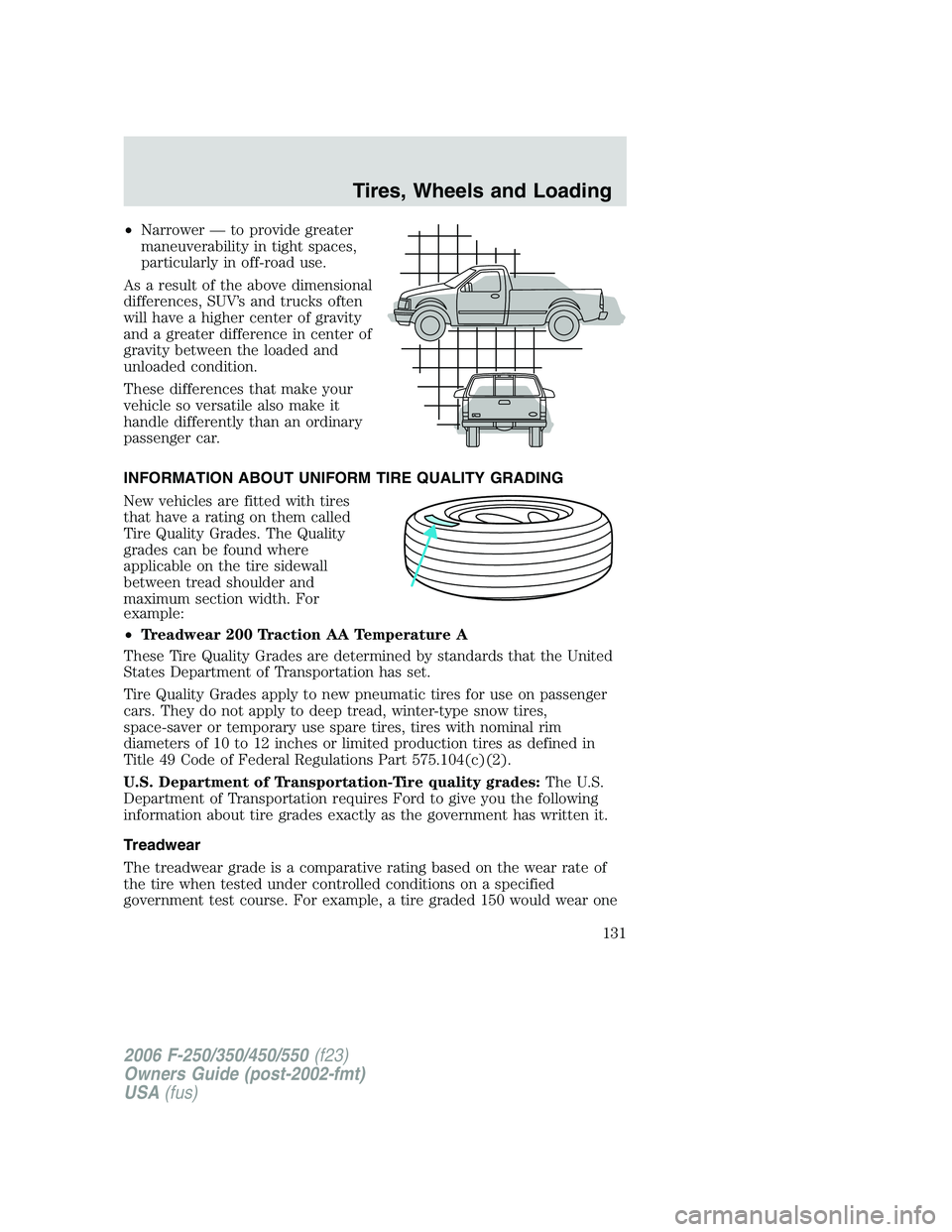 FORD F250 2006  Owners Manual •Narrower — to provide greater
maneuverability in tight spaces,
particularly in off-road use.
As a result of the above dimensional
differences, SUV’s and trucks often
will have a higher center o