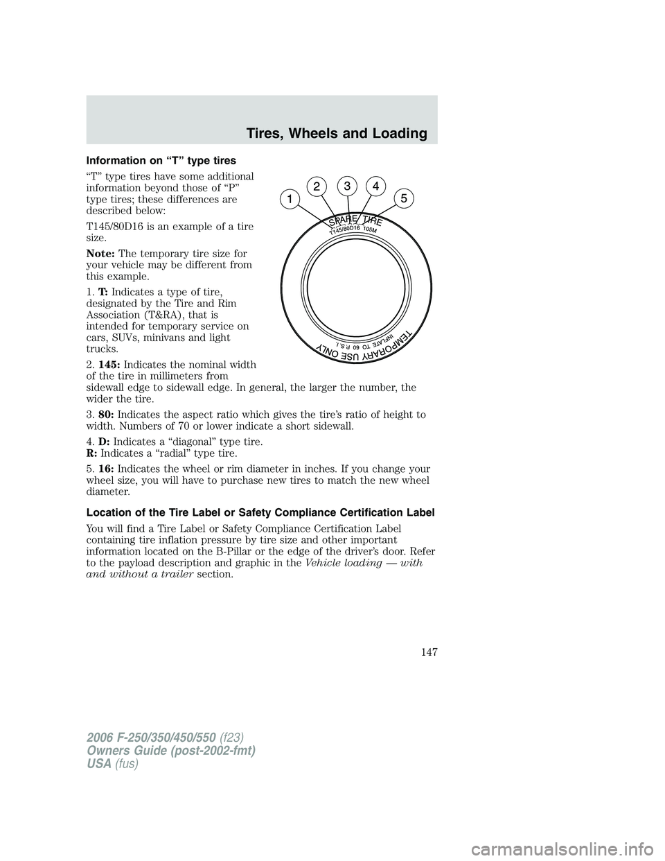 FORD F250 2006 Owners Manual Information on “T” type tires
“T” type tires have some additional
information beyond those of “P”
type tires; these differences are
described below:
T145/80D16 is an example of a tire
size FORD F250 2006 Owners Manual Information on “T” type tires
“T” type tires have some additional
information beyond those of “P”
type tires; these differences are
described below:
T145/80D16 is an example of a tire
size