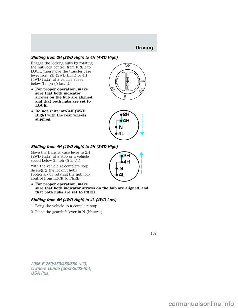 FORD F250 2006 Owners Manual Shifting from 2H (2WD High) to 4H (4WD High)
Engage the locking hubs by rotating
the hub lock control from FREE to
LOCK, then move the transfer case
lever from 2H (2WD High) to 4H
(4WD High) at a vehi FORD F250 2006 Owners Manual Shifting from 2H (2WD High) to 4H (4WD High)
Engage the locking hubs by rotating
the hub lock control from FREE to
LOCK, then move the transfer case
lever from 2H (2WD High) to 4H
(4WD High) at a vehi