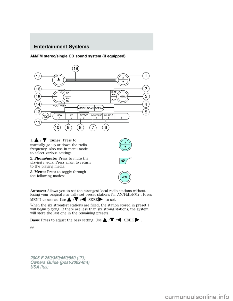 FORD F250 2006 Owners Manual AM/FM stereo/single CD sound system (if equipped)
1.
/Tuner:Press to
manually go up or down the radio
frequency. Also use in menu mode
to select various settings.
2.Phone/mute:Press to mute the
playin