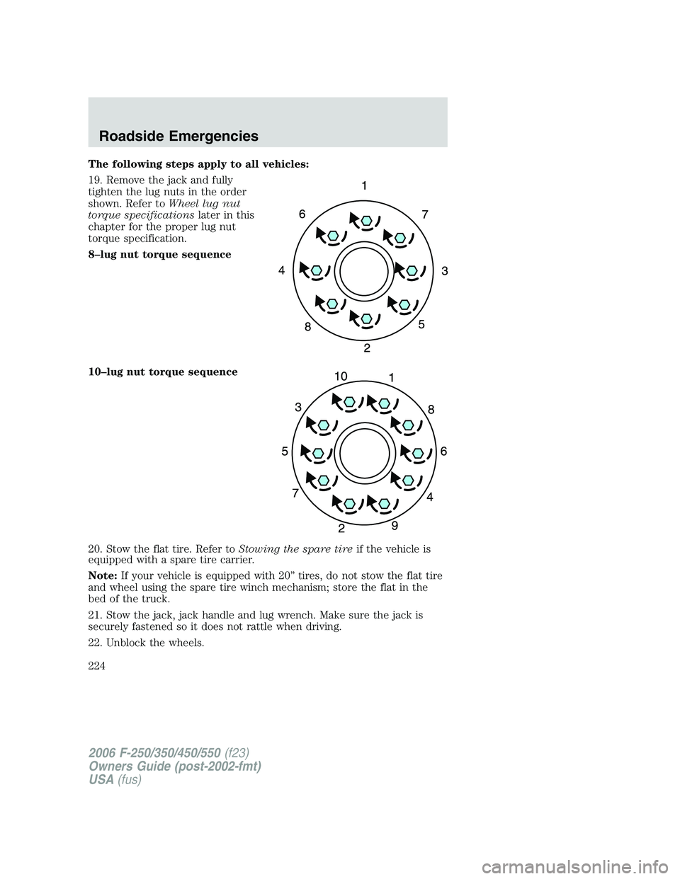 FORD F250 2006  Owners Manual The following steps apply to all vehicles:
19. Remove the jack and fully
tighten the lug nuts in the order
shown. Refer toWheel lug nut
torque specificationslater in this
chapter for the proper lug nu