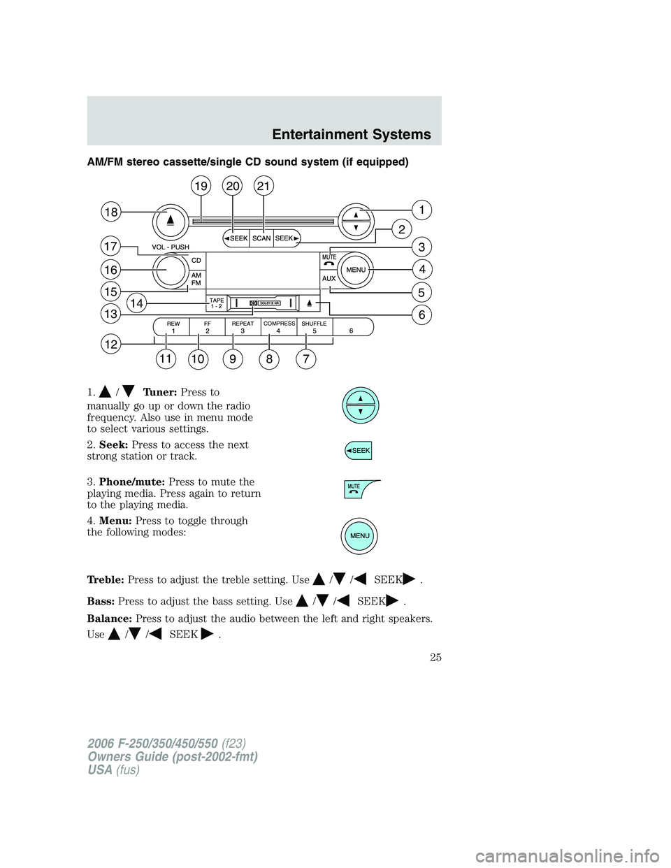 FORD F250 2006 Owners Manual AM/FM stereo cassette/single CD sound system (if equipped)
1.
/Tuner:Press to
manually go up or down the radio
frequency. Also use in menu mode
to select various settings.
2.Seek:Press to access the n