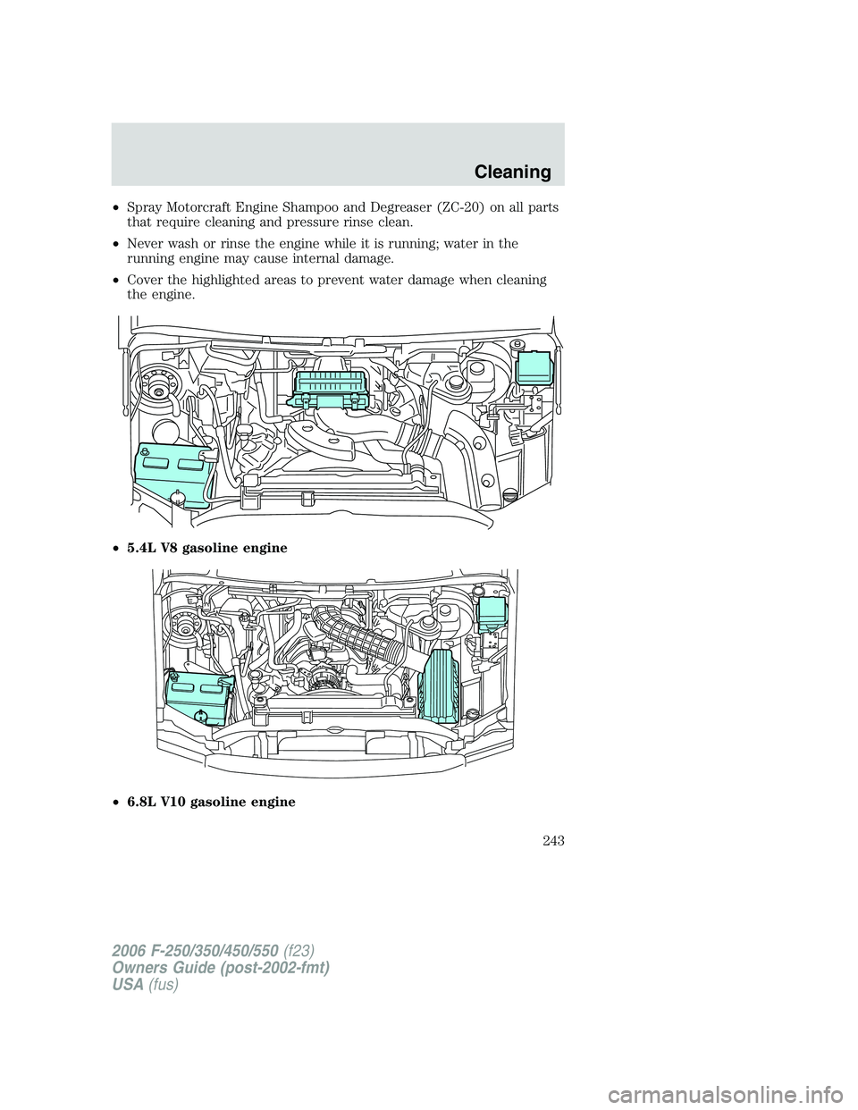 FORD F250 2006  Owners Manual •Spray Motorcraft Engine Shampoo and Degreaser (ZC-20) on all parts
that require cleaning and pressure rinse clean.
•Never wash or rinse the engine while it is running; water in the
running engine