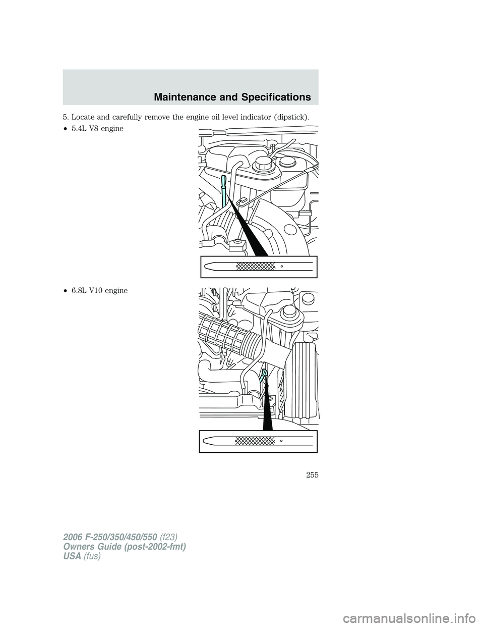 FORD F250 2006  Owners Manual 5. Locate and carefully remove the engine oil level indicator (dipstick).
•5.4L V8 engine
•6.8L V10 engine
2006 F-250/350/450/550(f23)
Owners Guide (post-2002-fmt)
USA(fus)
Maintenance and Specifi