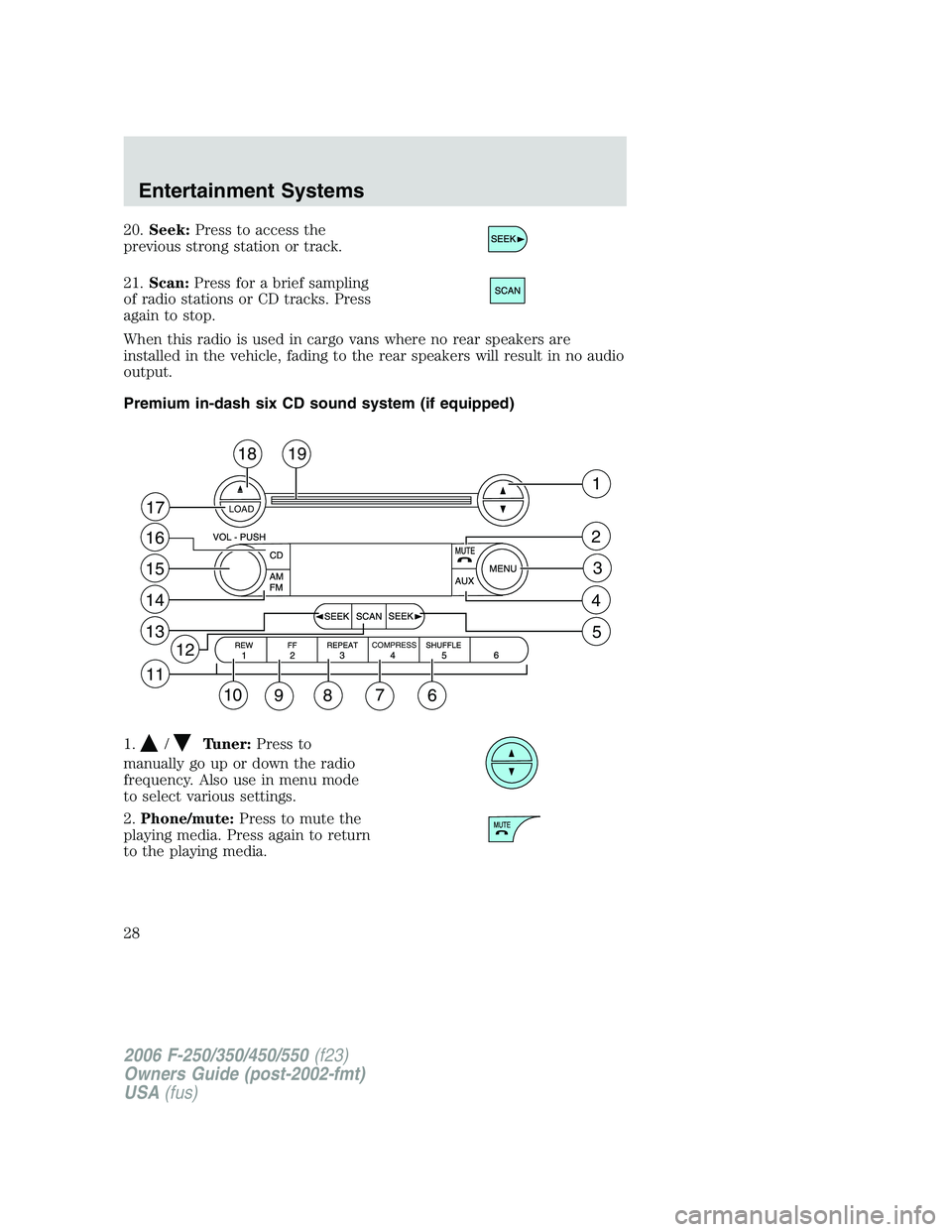 FORD F250 2006 Owners Manual 20.Seek:Press to access the
previous strong station or track.
21.Scan:Press for a brief sampling
of radio stations or CD tracks. Press
again to stop.
When this radio is used in cargo vans where no rea