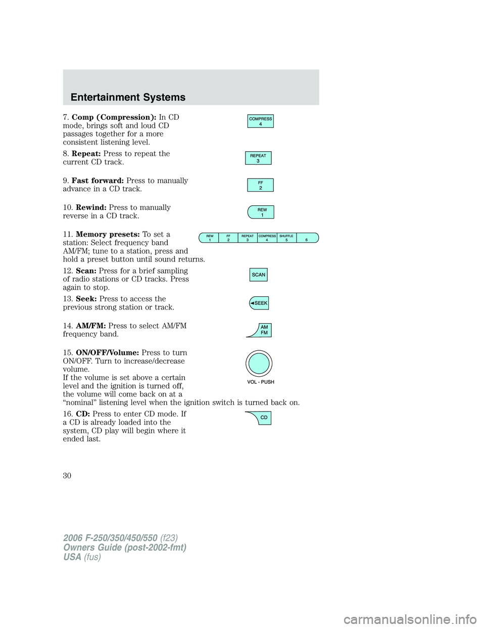 FORD F250 2006 Owners Manual 7.Comp (Compression):In CD
mode, brings soft and loud CD
passages together for a more
consistent listening level.
8.Repeat:Press to repeat the
current CD track.
9.Fast forward:Press to manually
advanc