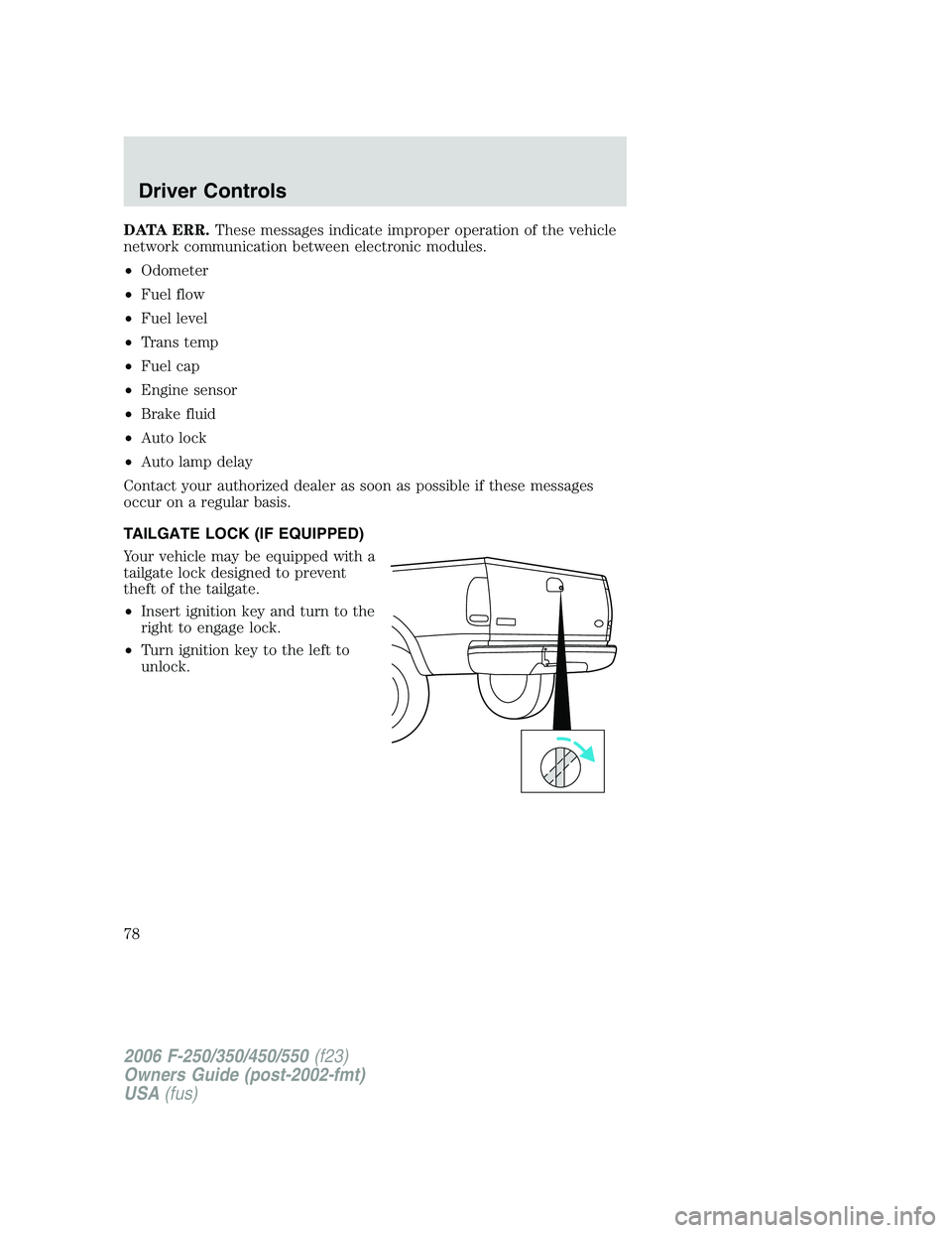 FORD F250 2006 Manual PDF DATA ERR.These messages indicate improper operation of the vehicle
network communication between electronic modules.
•Odometer
•Fuel flow
•Fuel level
•Trans temp
•Fuel cap
•Engine sensor
FORD F250 2006 Manual PDF DATA ERR.These messages indicate improper operation of the vehicle
network communication between electronic modules.
•Odometer
•Fuel flow
•Fuel level
•Trans temp
•Fuel cap
•Engine sensor