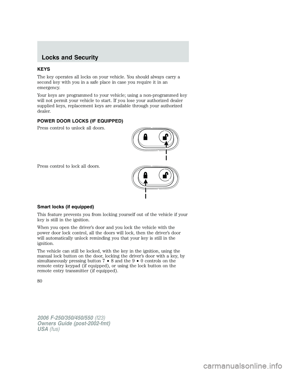 FORD F250 2006 Manual PDF KEYS
The key operates all locks on your vehicle. You should always carry a
second key with you in a safe place in case you require it in an
emergency.
Your keys are programmed to your vehicle; using a FORD F250 2006 Manual PDF KEYS
The key operates all locks on your vehicle. You should always carry a
second key with you in a safe place in case you require it in an
emergency.
Your keys are programmed to your vehicle; using a