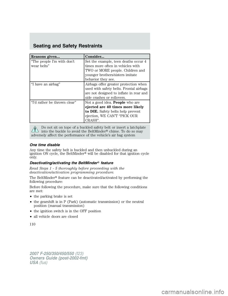 FORD F250 2007  Owners Manual Reasons given... Consider...
“The people I’m with don’t
wear belts”Set the example, teen deaths occur 4
times more often in vehicles with
TWO or MORE people. Children and
younger brothers/sist