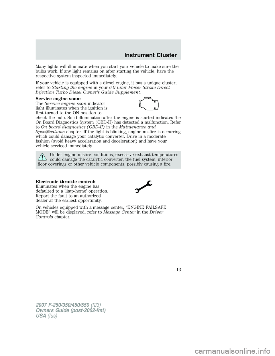 FORD F250 2007 User Guide Many lights will illuminate when you start your vehicle to make sure the
bulbs work. If any light remains on after starting the vehicle, have the
respective system inspected immediately.
If your vehic