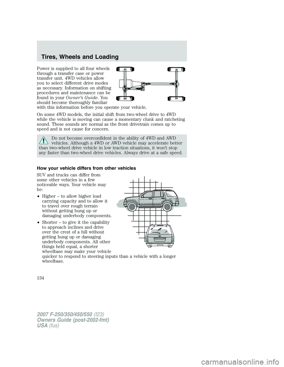 FORD F250 2007 Owners Manual Power is supplied to all four wheels
through a transfer case or power
transfer unit. 4WD vehicles allow
you to select different drive modes
as necessary. Information on shifting
procedures and mainten FORD F250 2007 Owners Manual Power is supplied to all four wheels
through a transfer case or power
transfer unit. 4WD vehicles allow
you to select different drive modes
as necessary. Information on shifting
procedures and mainten