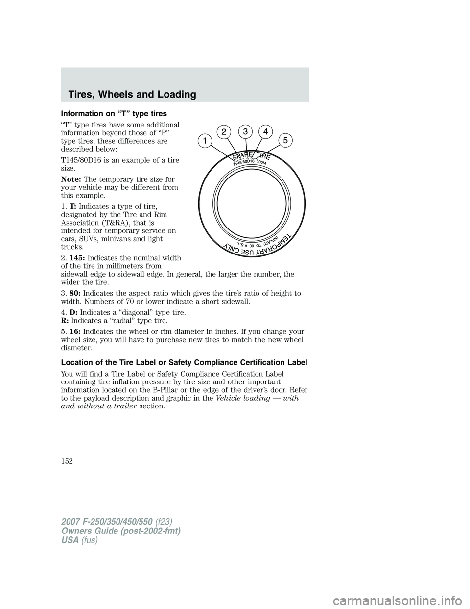 FORD F250 2007 Owners Manual Information on “T” type tires
“T” type tires have some additional
information beyond those of “P”
type tires; these differences are
described below:
T145/80D16 is an example of a tire
size FORD F250 2007 Owners Manual Information on “T” type tires
“T” type tires have some additional
information beyond those of “P”
type tires; these differences are
described below:
T145/80D16 is an example of a tire
size