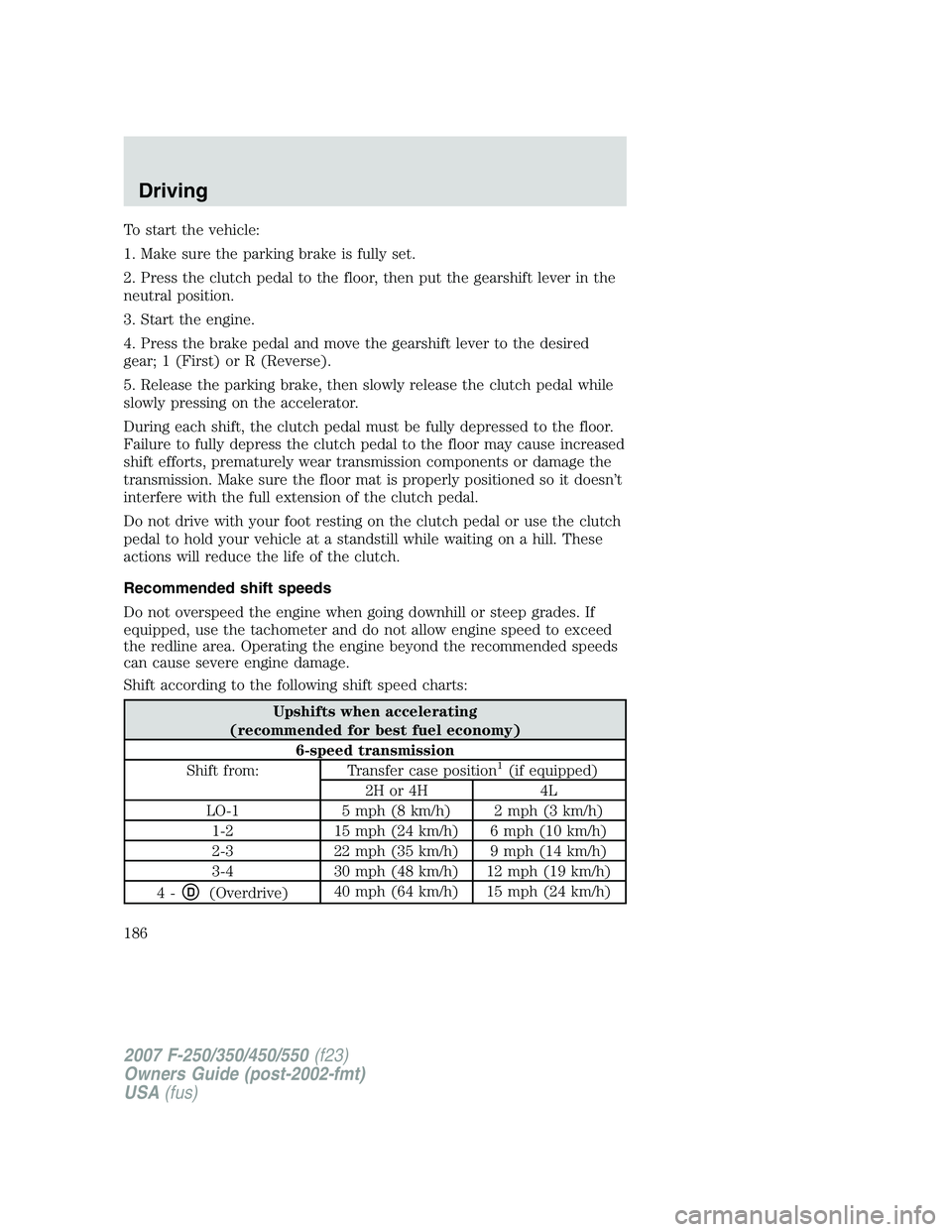 FORD F250 2007 Owners Manual To start the vehicle:
1. Make sure the parking brake is fully set.
2. Press the clutch pedal to the floor, then put the gearshift lever in the
neutral position.
3. Start the engine.
4. Press the brake FORD F250 2007 Owners Manual To start the vehicle:
1. Make sure the parking brake is fully set.
2. Press the clutch pedal to the floor, then put the gearshift lever in the
neutral position.
3. Start the engine.
4. Press the brake