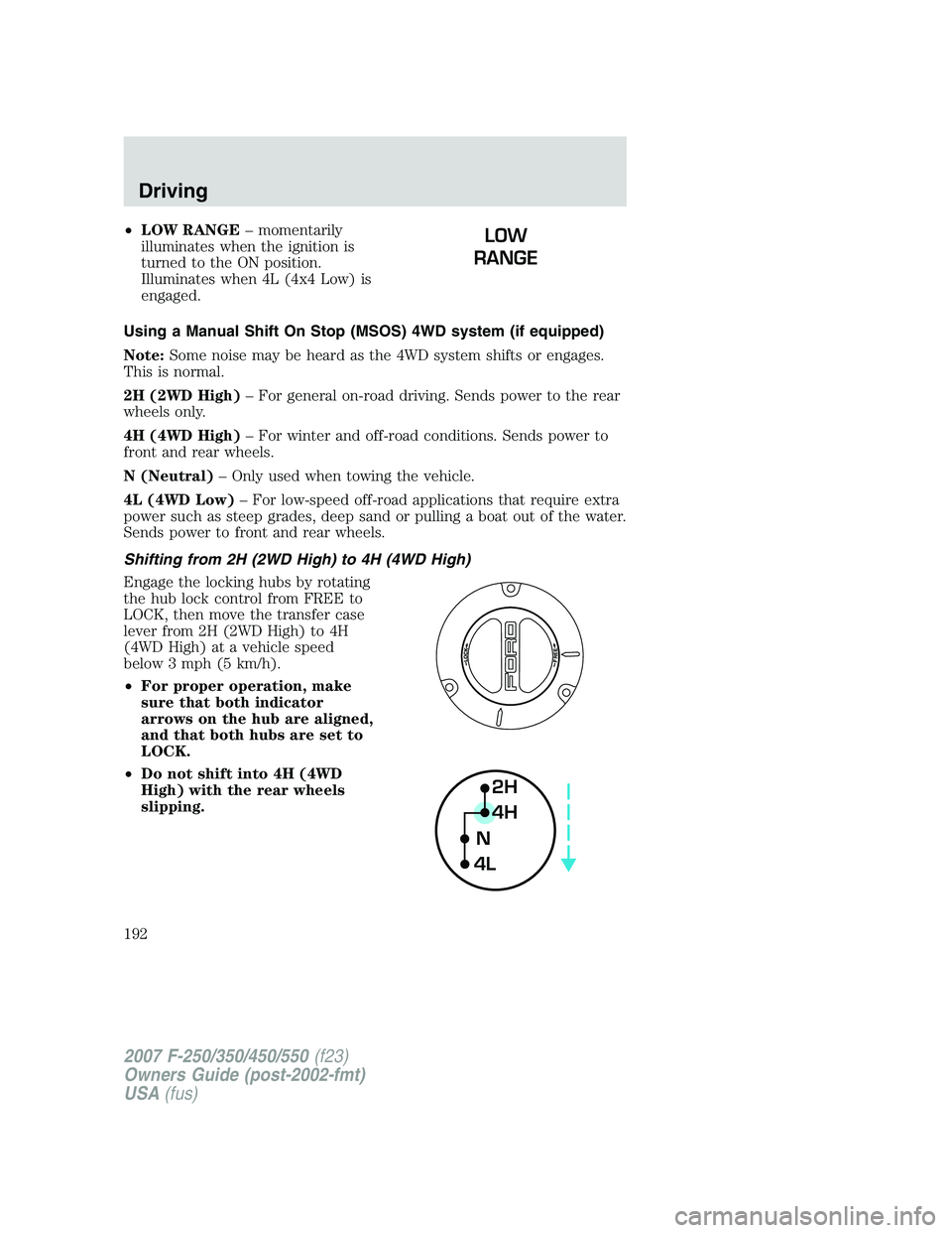 FORD F250 2007 Owners Manual •LOW RANGE– momentarily
illuminates when the ignition is
turned to the ON position.
Illuminates when 4L (4x4 Low) is
engaged.
Using a Manual Shift On Stop (MSOS) 4WD system (if equipped)
Note:Some FORD F250 2007 Owners Manual •LOW RANGE– momentarily
illuminates when the ignition is
turned to the ON position.
Illuminates when 4L (4x4 Low) is
engaged.
Using a Manual Shift On Stop (MSOS) 4WD system (if equipped)
Note:Some