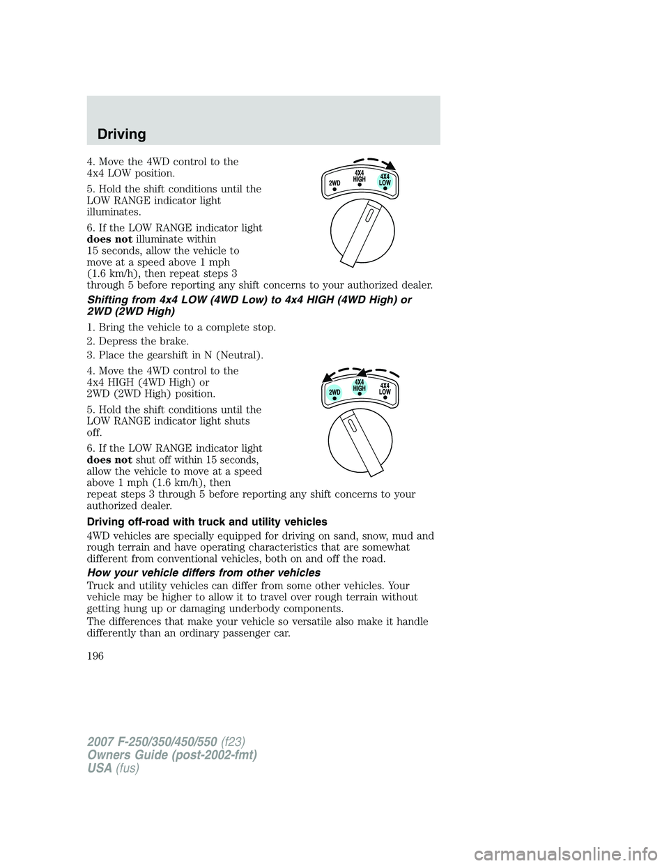 FORD F250 2007 Owners Manual 4. Move the 4WD control to the
4x4 LOW position.
5. Hold the shift conditions until the
LOW RANGE indicator light
illuminates.
6. If the LOW RANGE indicator light
does notilluminate within
15 seconds, FORD F250 2007 Owners Manual 4. Move the 4WD control to the
4x4 LOW position.
5. Hold the shift conditions until the
LOW RANGE indicator light
illuminates.
6. If the LOW RANGE indicator light
does notilluminate within
15 seconds,