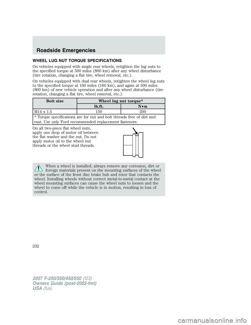 FORD F250 2007 Owners Manual WHEEL LUG NUT TORQUE SPECIFICATIONS
On vehicles equipped with single rear wheels, retighten the lug nuts to
the specified torque at 500 miles (800 km) after any wheel disturbance
(tire rotation, chang FORD F250 2007 Owners Manual WHEEL LUG NUT TORQUE SPECIFICATIONS
On vehicles equipped with single rear wheels, retighten the lug nuts to
the specified torque at 500 miles (800 km) after any wheel disturbance
(tire rotation, chang