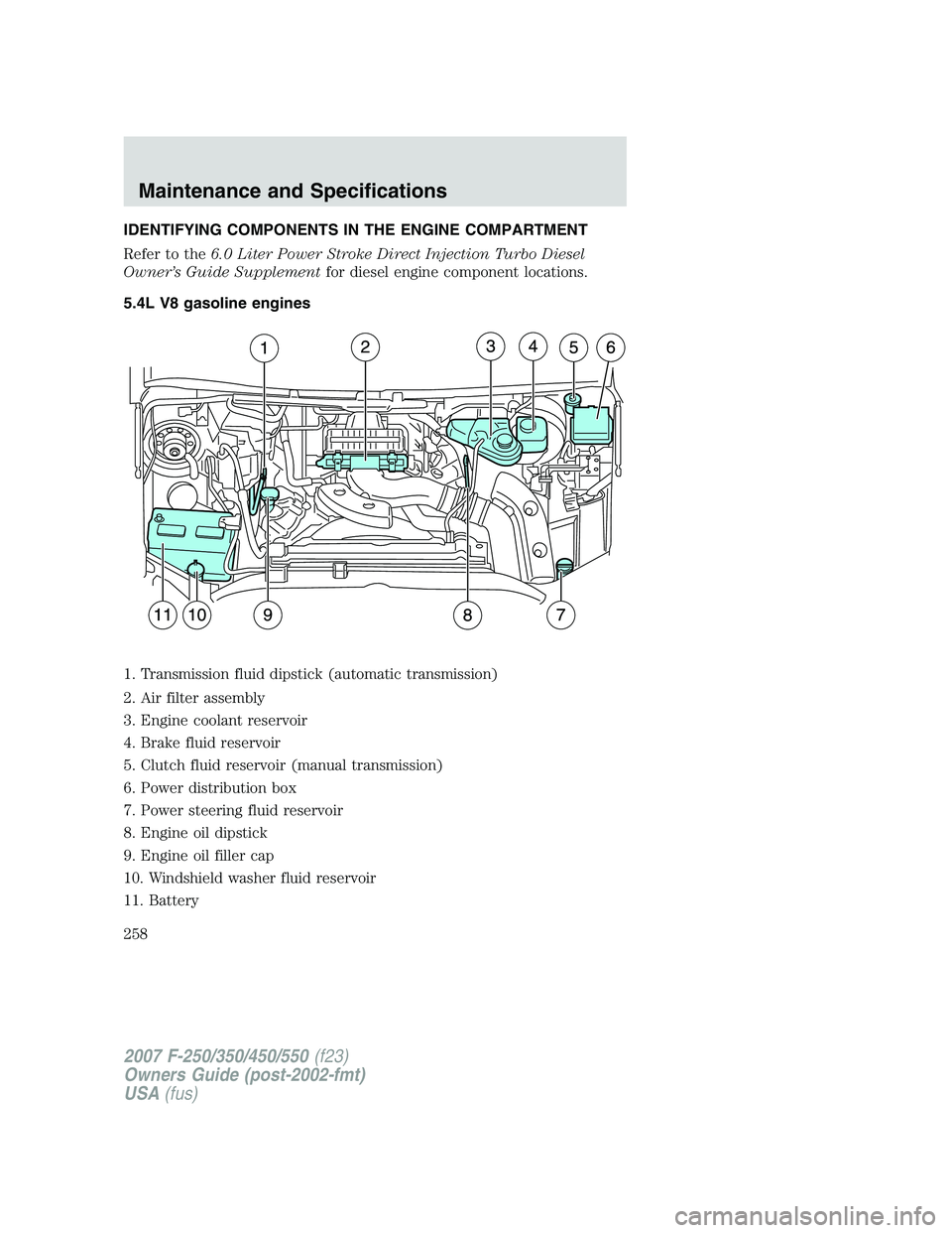 FORD F250 2007  Owners Manual IDENTIFYING COMPONENTS IN THE ENGINE COMPARTMENT
Refer to the6.0 Liter Power Stroke Direct Injection Turbo Diesel
Owner’s Guide Supplementfor diesel engine component locations.
5.4L V8 gasoline engi