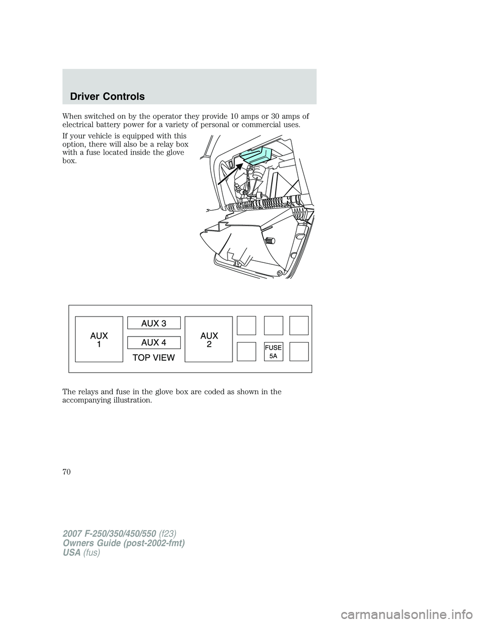 FORD F250 2007 Repair Manual When switched on by the operator they provide 10 amps or 30 amps of
electrical battery power for a variety of personal or commercial uses.
If your vehicle is equipped with this
option, there will also FORD F250 2007 Repair Manual When switched on by the operator they provide 10 amps or 30 amps of
electrical battery power for a variety of personal or commercial uses.
If your vehicle is equipped with this
option, there will also