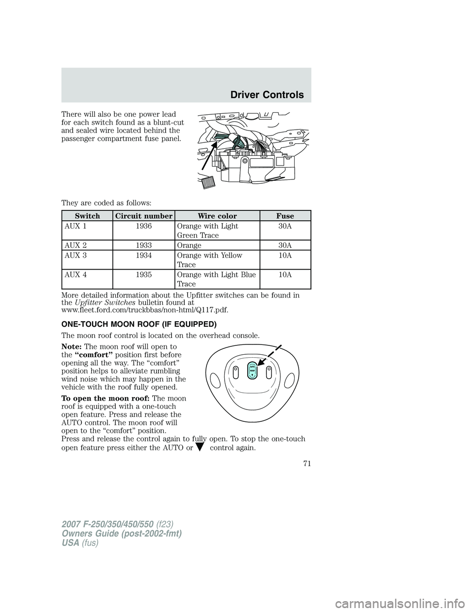 FORD F250 2007 Manual PDF There will also be one power lead
for each switch found as a blunt-cut
and sealed wire located behind the
passenger compartment fuse panel.
They are coded as follows:
Switch Circuit number Wire color FORD F250 2007 Manual PDF There will also be one power lead
for each switch found as a blunt-cut
and sealed wire located behind the
passenger compartment fuse panel.
They are coded as follows:
Switch Circuit number Wire color