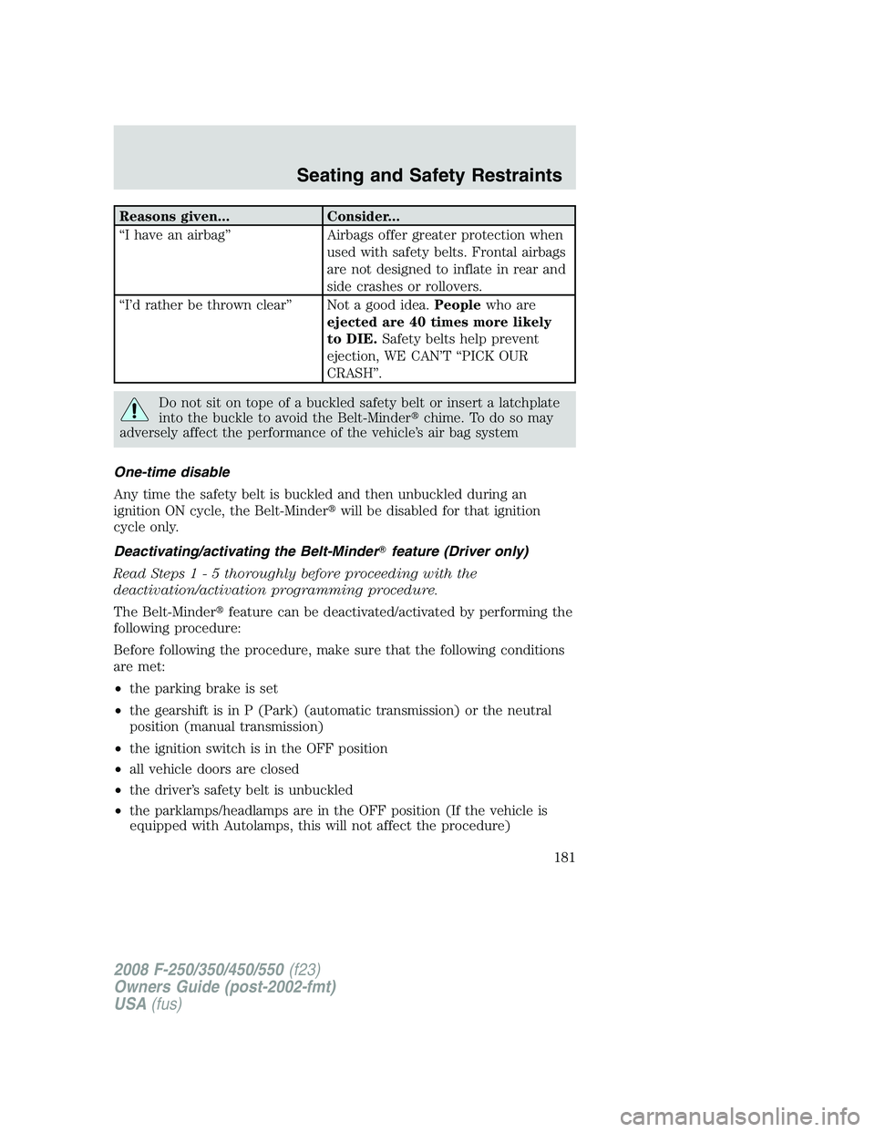 FORD F250 2008  Owners Manual Reasons given... Consider...
“I have an airbag” Airbags offer greater protection when
used with safety belts. Frontal airbags
are not designed to inflate in rear and
side crashes or rollovers.
“