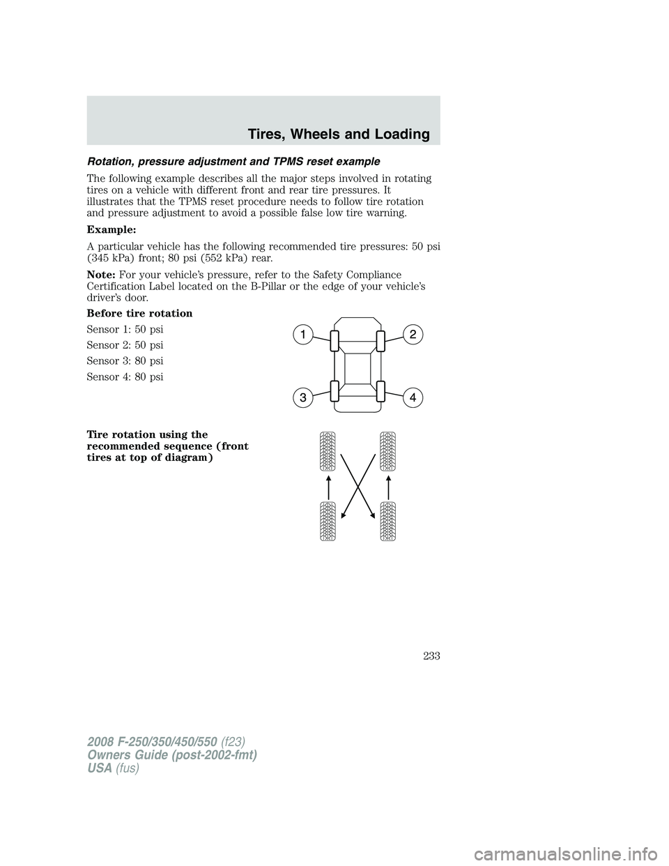 FORD F250 2008 Owners Manual Rotation, pressure adjustment and TPMS reset example
The following example describes all the major steps involved in rotating
tires on a vehicle with different front and rear tire pressures. It
illust FORD F250 2008 Owners Manual Rotation, pressure adjustment and TPMS reset example
The following example describes all the major steps involved in rotating
tires on a vehicle with different front and rear tire pressures. It
illust