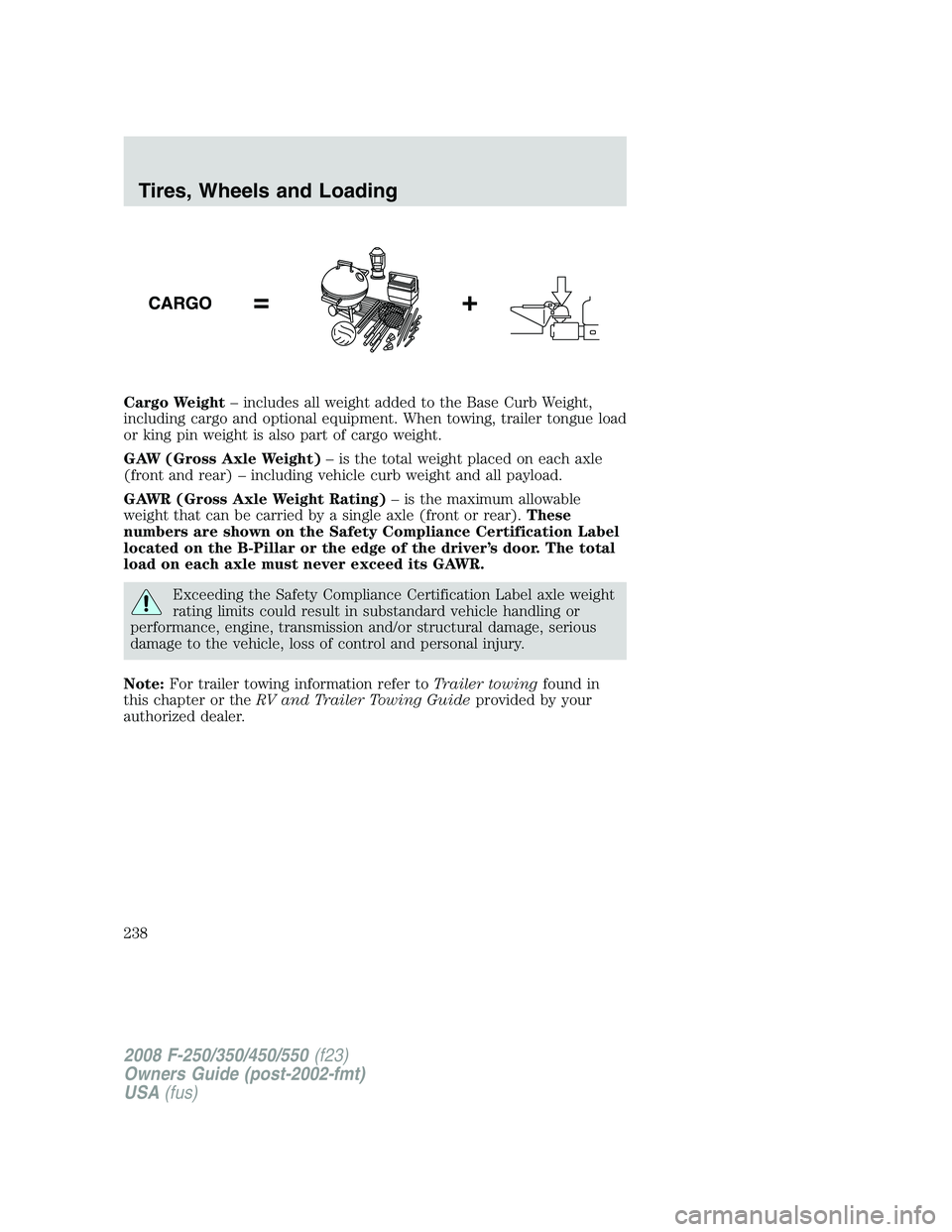 FORD F250 2008 Owners Manual Cargo Weight– includes all weight added to the Base Curb Weight,
including cargo and optional equipment. When towing, trailer tongue load
or king pin weight is also part of cargo weight.
GAW (Gross FORD F250 2008 Owners Manual Cargo Weight– includes all weight added to the Base Curb Weight,
including cargo and optional equipment. When towing, trailer tongue load
or king pin weight is also part of cargo weight.
GAW (Gross