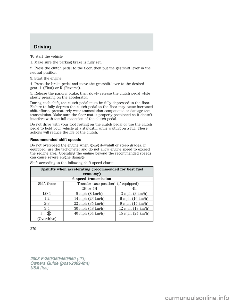 FORD F250 2008 Owners Manual To start the vehicle:
1. Make sure the parking brake is fully set.
2. Press the clutch pedal to the floor, then put the gearshift lever in the
neutral position.
3. Start the engine.
4. Press the brake FORD F250 2008 Owners Manual To start the vehicle:
1. Make sure the parking brake is fully set.
2. Press the clutch pedal to the floor, then put the gearshift lever in the
neutral position.
3. Start the engine.
4. Press the brake