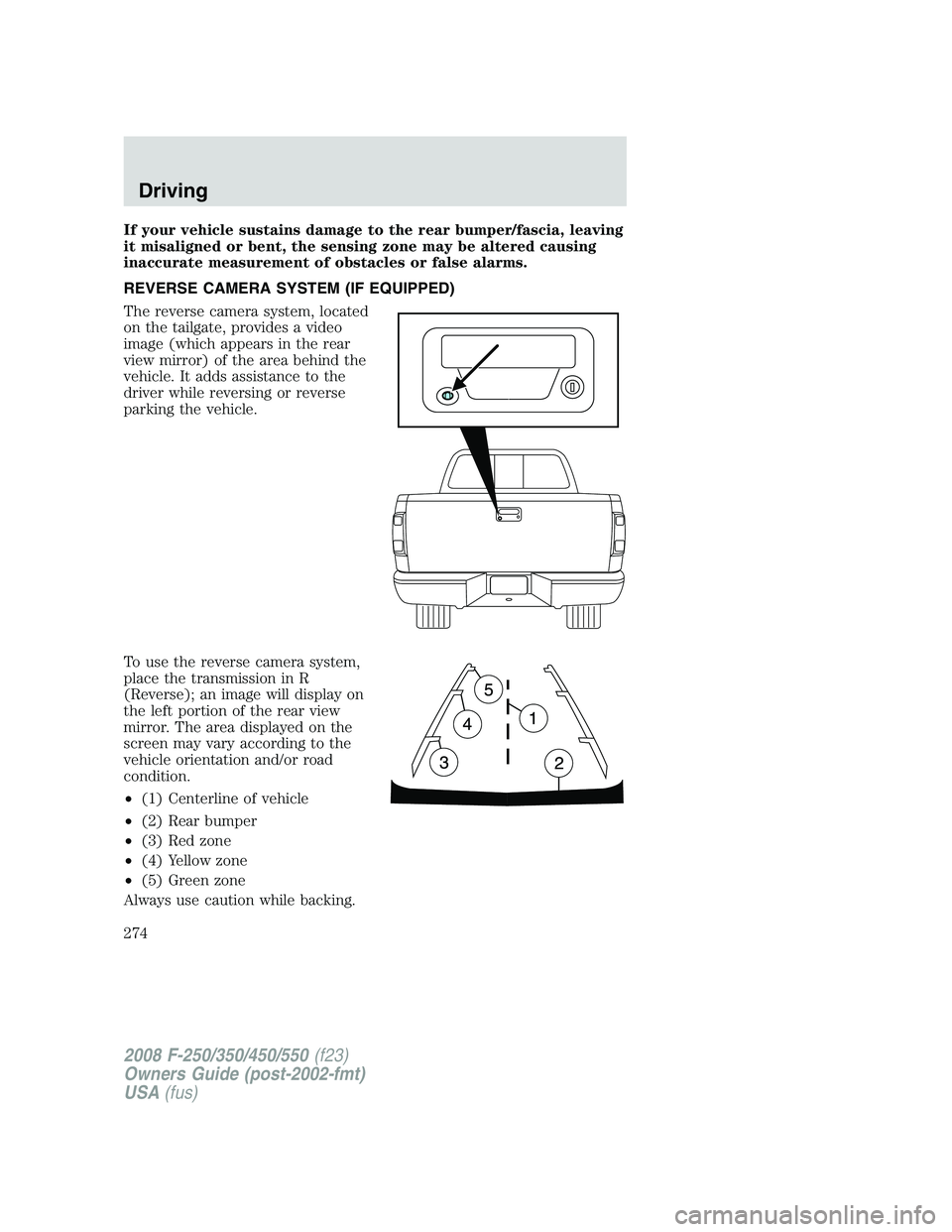 FORD F250 2008 Owners Manual If your vehicle sustains damage to the rear bumper/fascia, leaving
it misaligned or bent, the sensing zone may be altered causing
inaccurate measurement of obstacles or false alarms.
REVERSE CAMERA SY FORD F250 2008 Owners Manual If your vehicle sustains damage to the rear bumper/fascia, leaving
it misaligned or bent, the sensing zone may be altered causing
inaccurate measurement of obstacles or false alarms.
REVERSE CAMERA SY