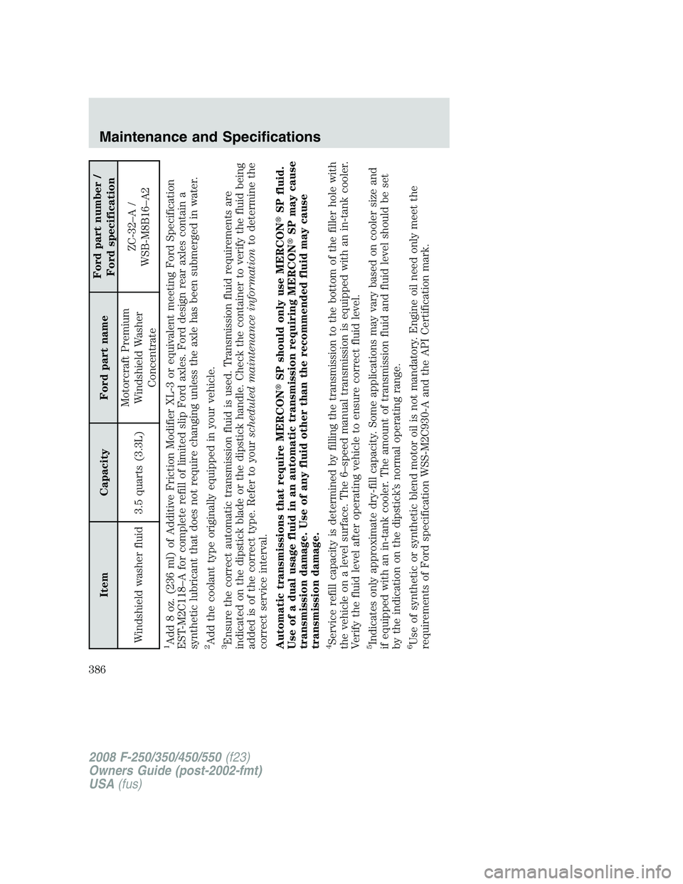FORD F250 2008 Owners Manual Item Capacity Ford part nameFord part number /
Ford specification
Windshield washer fluid 3.5 quarts (3.3L)Motorcraft Premium
Windshield Washer
ConcentrateZC-32–A /
WSB-M8B16–A2
1Add 8 oz. (236 ml FORD F250 2008 Owners Manual Item Capacity Ford part nameFord part number /
Ford specification
Windshield washer fluid 3.5 quarts (3.3L)Motorcraft Premium
Windshield Washer
ConcentrateZC-32–A /
WSB-M8B16–A2
1Add 8 oz. (236 ml