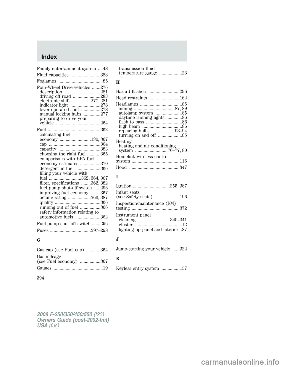 FORD F250 2008  Owners Manual Family entertainment system ....48
Fluid capacities .........................383
Foglamps .....................................85
Four-Wheel Drive vehicles .......276
description .....................