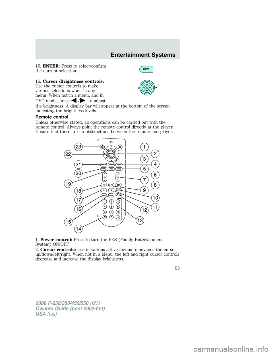 FORD F250 2008 Workshop Manual 15.ENTER:Press to select/confirm
the current selection.
16.Cursor /Brightness controls:
Use the cursor controls to make
various selections when in any
menu. When not in a menu, and in
DVD mode, press
