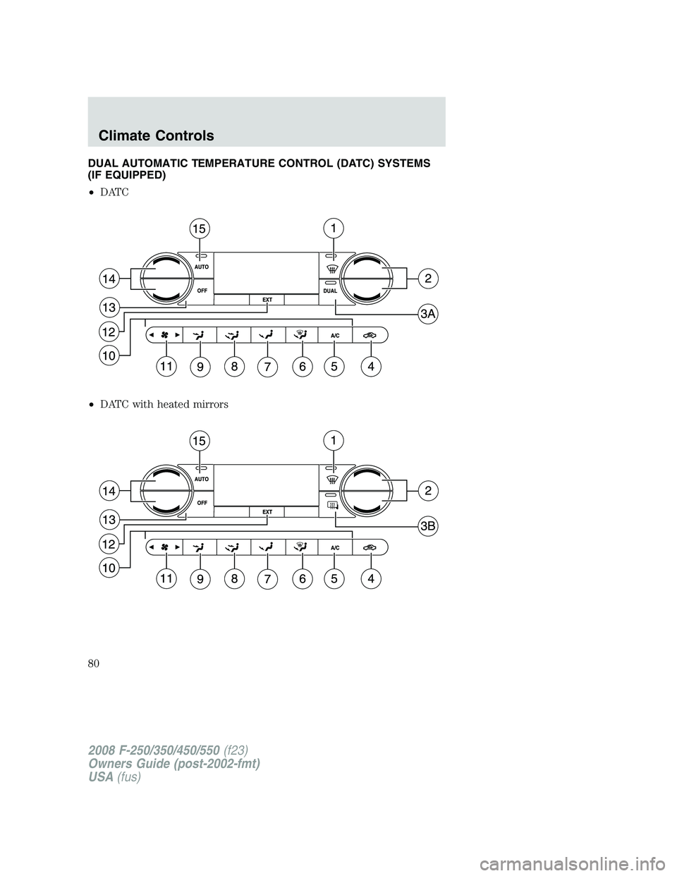 FORD F250 2008 Manual PDF DUAL AUTOMATIC TEMPERATURE CONTROL (DATC) SYSTEMS
(IF EQUIPPED)
•DATC
•DATC with heated mirrors
2008 F-250/350/450/550(f23)
Owners Guide (post-2002-fmt)
USA(fus)
Climate Controls
80 FORD F250 2008 Manual PDF DUAL AUTOMATIC TEMPERATURE CONTROL (DATC) SYSTEMS
(IF EQUIPPED)
•DATC
•DATC with heated mirrors
2008 F-250/350/450/550(f23)
Owners Guide (post-2002-fmt)
USA(fus)
Climate Controls
80