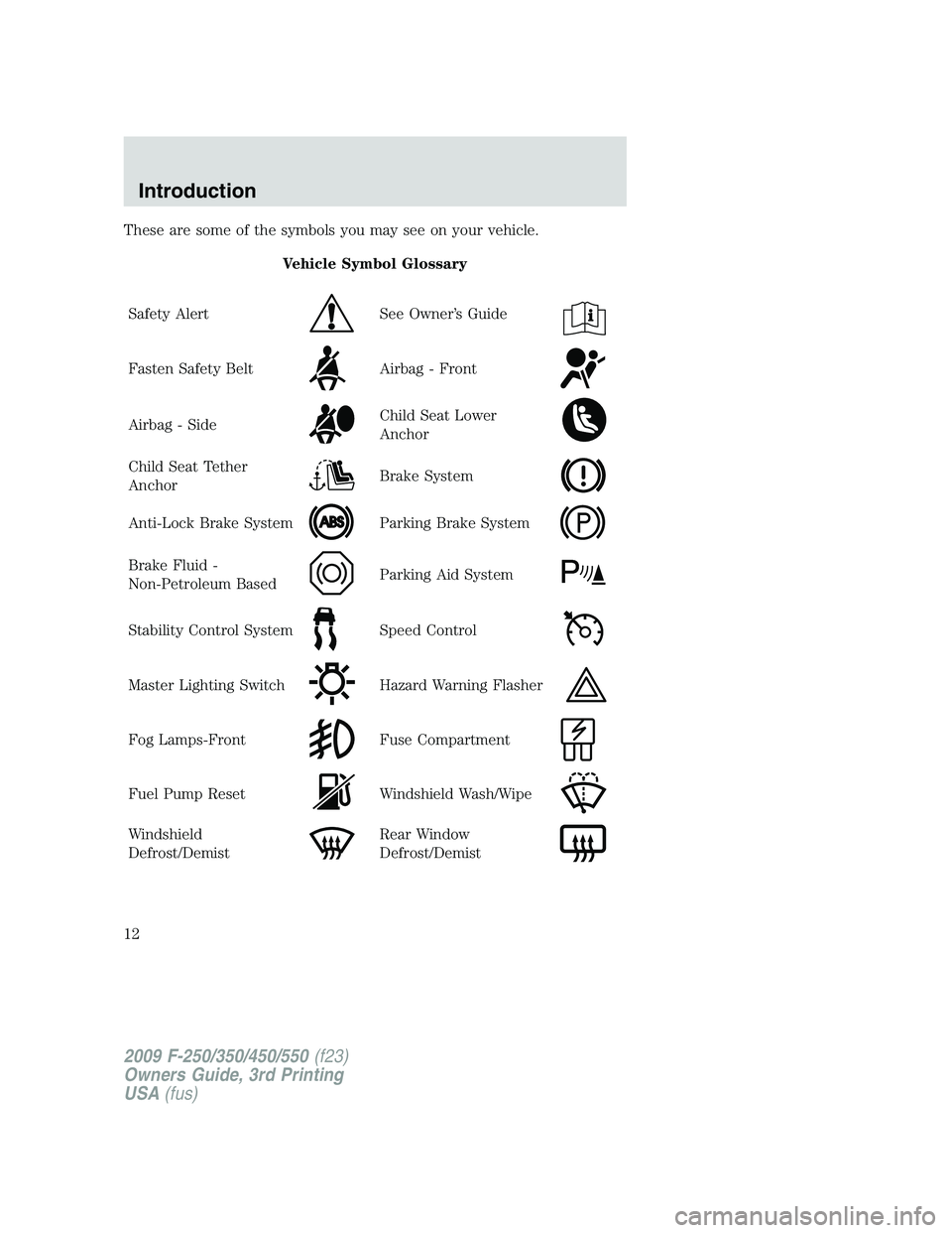 FORD F250 2009 Owners Manual These are some of the symbols you may see on your vehicle.
Vehicle Symbol Glossary
Safety Alert
See Owner’s Guide
Fasten Safety BeltAirbag - Front
Airbag - SideChild Seat Lower
Anchor
Child Seat Tet FORD F250 2009 Owners Manual These are some of the symbols you may see on your vehicle.
Vehicle Symbol Glossary
Safety Alert
See Owner’s Guide
Fasten Safety BeltAirbag - Front
Airbag - SideChild Seat Lower
Anchor
Child Seat Tet