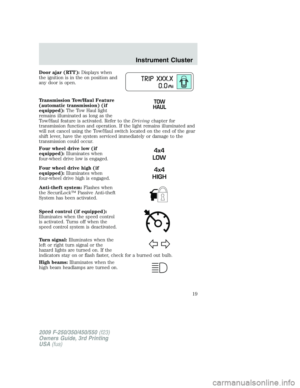 FORD F250 2009 User Guide Door ajar (RTT):Displays when
the ignition is in the on position and
any door is open.
Transmission Tow/Haul Feature
(automatic transmission) (if
equipped):The Tow Haul light
remains illuminated as lo