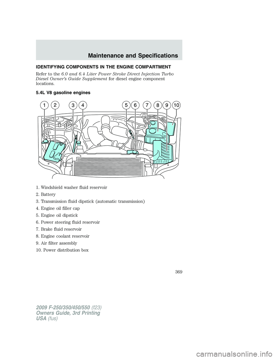 FORD F250 2009  Owners Manual IDENTIFYING COMPONENTS IN THE ENGINE COMPARTMENT
Refer to the6.0 and 6.4 Liter Power Stroke Direct Injection Turbo
Diesel Owner’s Guide Supplementfor diesel engine component
locations.
5.4L V8 gasol