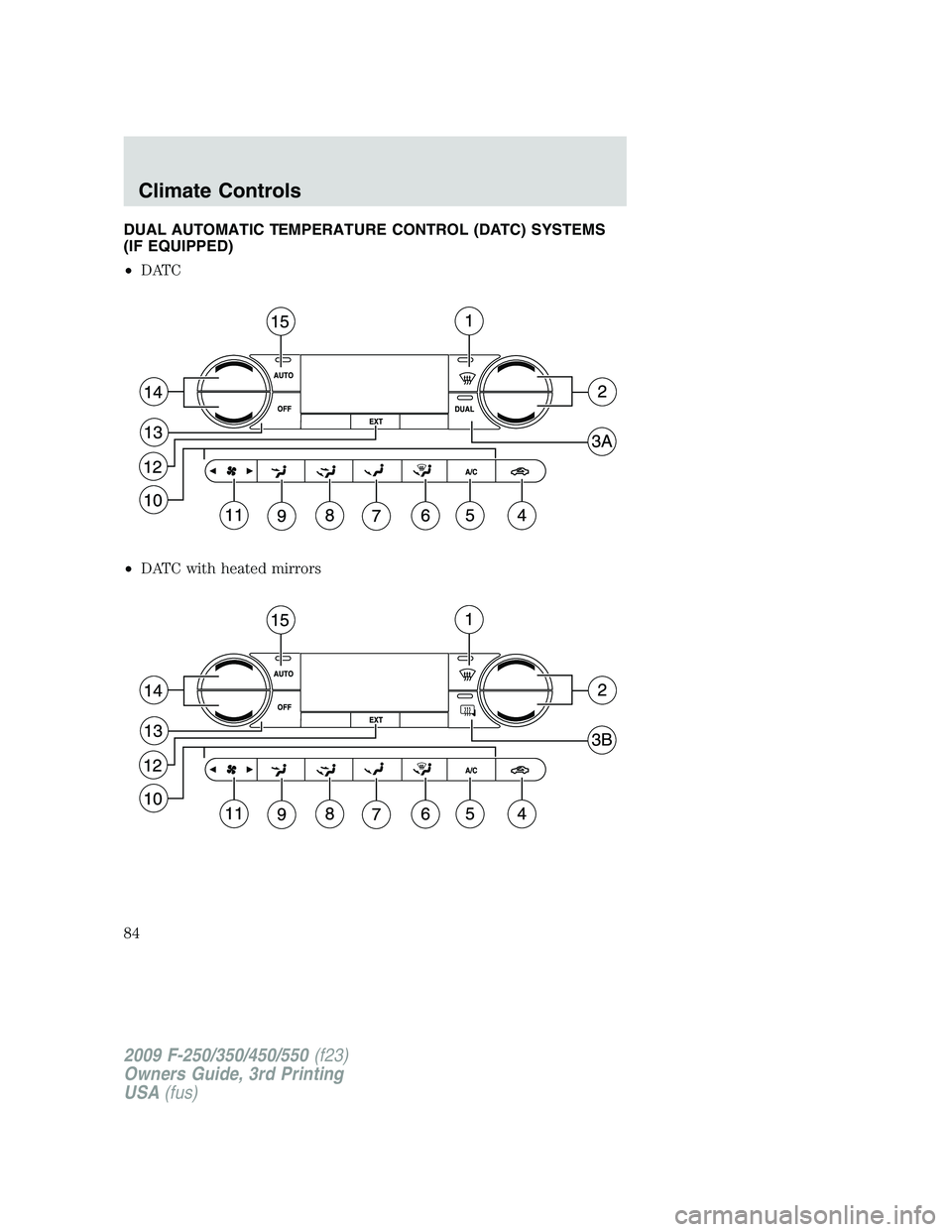 FORD F250 2009 Manual Online DUAL AUTOMATIC TEMPERATURE CONTROL (DATC) SYSTEMS
(IF EQUIPPED)
•DATC
•DATC with heated mirrors
2009 F-250/350/450/550(f23)
Owners Guide, 3rd Printing
USA(fus)
Climate Controls
84 