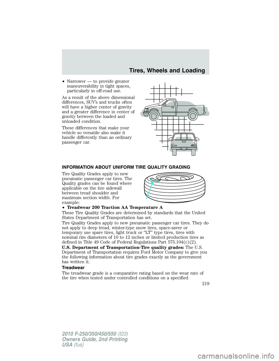 FORD F250 2010  Owners Manual •Narrower — to provide greater
maneuverability in tight spaces,
particularly in off-road use.
As a result of the above dimensional
differences, SUV’s and trucks often
will have a higher center o