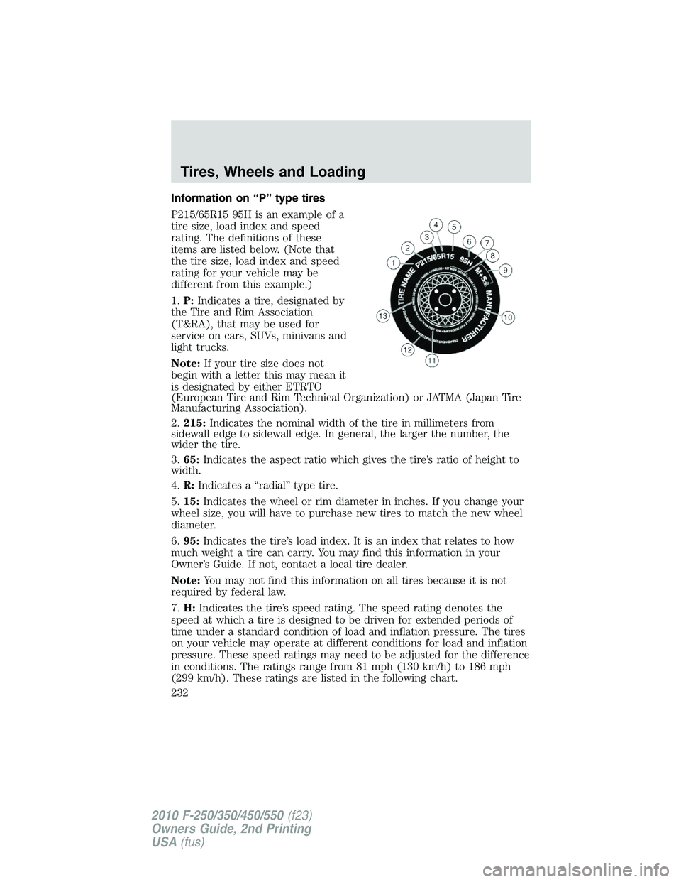 FORD F250 2010 Owners Manual Information on “P” type tires
P215/65R15 95H is an example of a
tire size, load index and speed
rating. The definitions of these
items are listed below. (Note that
the tire size, load index and sp FORD F250 2010 Owners Manual Information on “P” type tires
P215/65R15 95H is an example of a
tire size, load index and speed
rating. The definitions of these
items are listed below. (Note that
the tire size, load index and sp