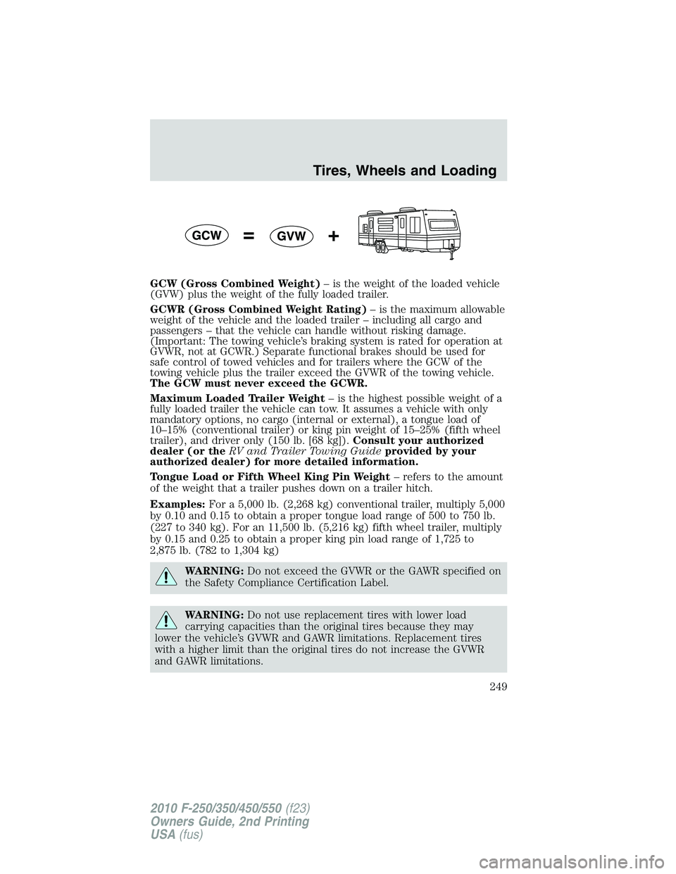 FORD F250 2010  Owners Manual GCW (Gross Combined Weight)– is the weight of the loaded vehicle
(GVW) plus the weight of the fully loaded trailer.
GCWR (Gross Combined Weight Rating)– is the maximum allowable
weight of the vehi