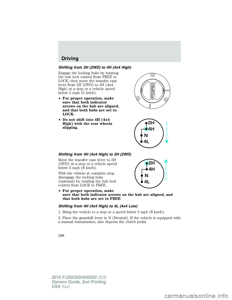 FORD F250 2010 Owners Manual Shifting from 2H (2WD) to 4H (4x4 High)
Engage the locking hubs by rotating
the hub lock control from FREE to
LOCK, then move the transfer case
lever from 2H (2WD) to 4H (4x4
High) at a stop or a vehi FORD F250 2010 Owners Manual Shifting from 2H (2WD) to 4H (4x4 High)
Engage the locking hubs by rotating
the hub lock control from FREE to
LOCK, then move the transfer case
lever from 2H (2WD) to 4H (4x4
High) at a stop or a vehi