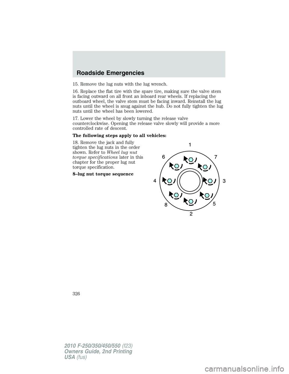 FORD F250 2010 Owners Manual 15. Remove the lug nuts with the lug wrench.
16. Replace the flat tire with the spare tire, making sure the valve stem
is facing outward on all front an inboard rear wheels. If replacing the
outboard FORD F250 2010 Owners Manual 15. Remove the lug nuts with the lug wrench.
16. Replace the flat tire with the spare tire, making sure the valve stem
is facing outward on all front an inboard rear wheels. If replacing the
outboard