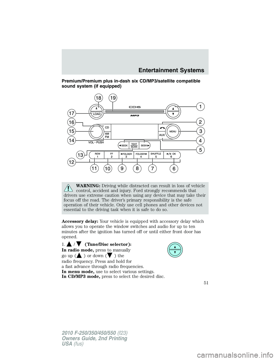 FORD F250 2010  Owners Manual Premium/Premium plus in-dash six CD/MP3/satellite compatible
sound system (if equipped)
WARNING:Driving while distracted can result in loss of vehicle
control, accident and injury. Ford strongly recom