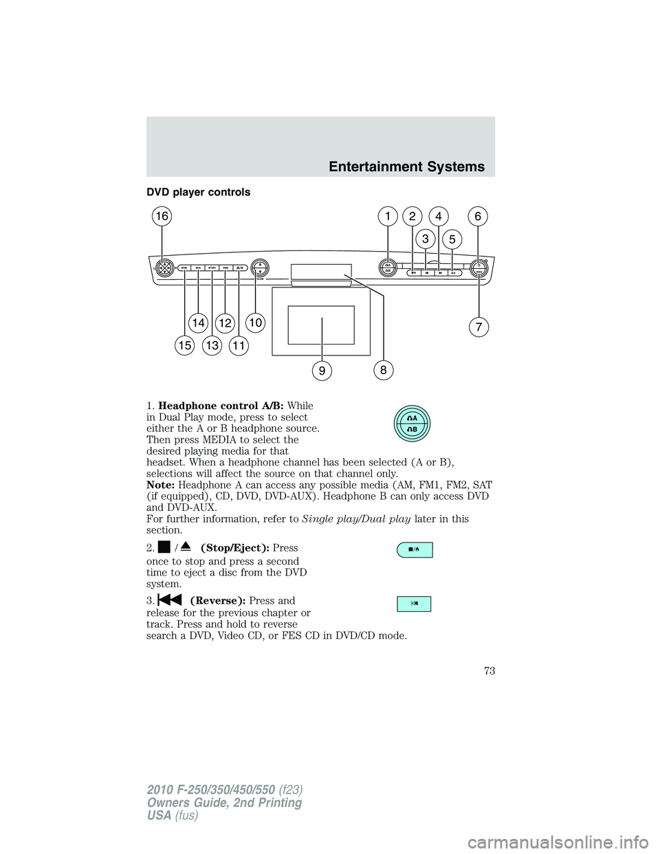 FORD F250 2010 Manual PDF DVD player controls
1.Headphone control A/B:While
in Dual Play mode, press to select
either the A or B headphone source.
Then press MEDIA to select the
desired playing media for that
headset. When a h FORD F250 2010 Manual PDF DVD player controls
1.Headphone control A/B:While
in Dual Play mode, press to select
either the A or B headphone source.
Then press MEDIA to select the
desired playing media for that
headset. When a h