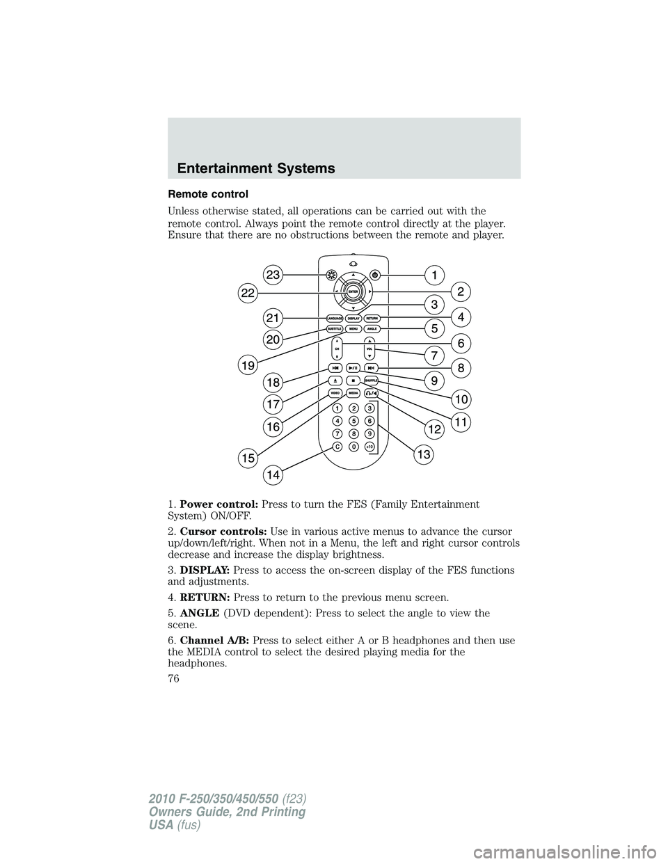 FORD F250 2010 Manual PDF Remote control
Unless otherwise stated, all operations can be carried out with the
remote control. Always point the remote control directly at the player.
Ensure that there are no obstructions between FORD F250 2010 Manual PDF Remote control
Unless otherwise stated, all operations can be carried out with the
remote control. Always point the remote control directly at the player.
Ensure that there are no obstructions between