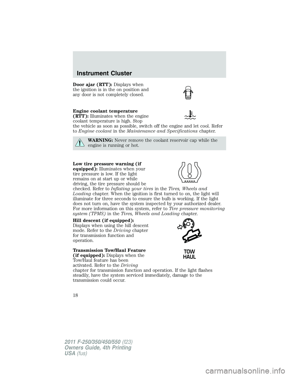 FORD F250 2011 User Guide Door ajar (RTT):Displays when
the ignition is in the on position and
any door is not completely closed.
Engine coolant temperature
(RTT):Illuminates when the engine
coolant temperature is high. Stop
t