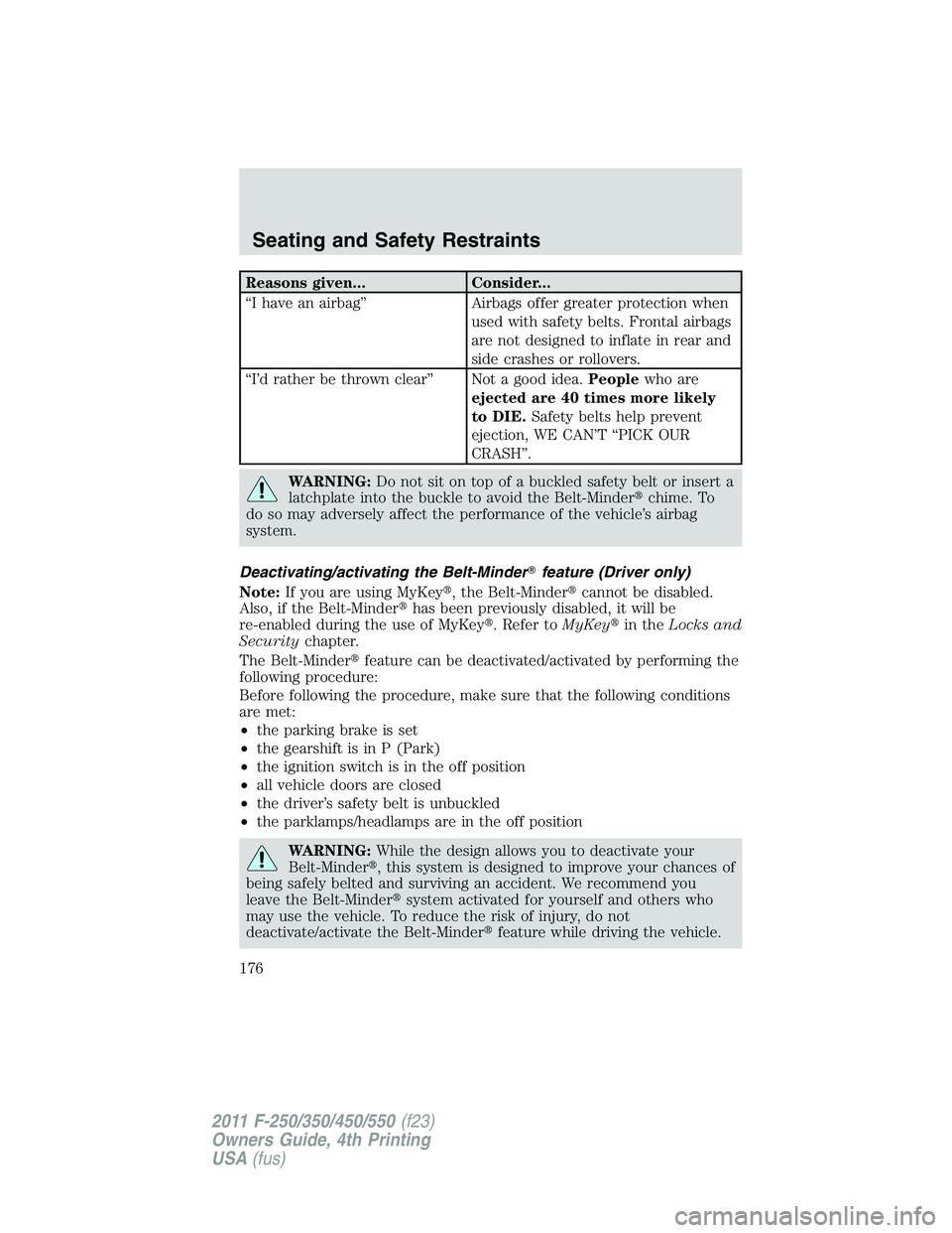 FORD F250 2011  Owners Manual Reasons given... Consider...
“I have an airbag” Airbags offer greater protection when
used with safety belts. Frontal airbags
are not designed to inflate in rear and
side crashes or rollovers.
“