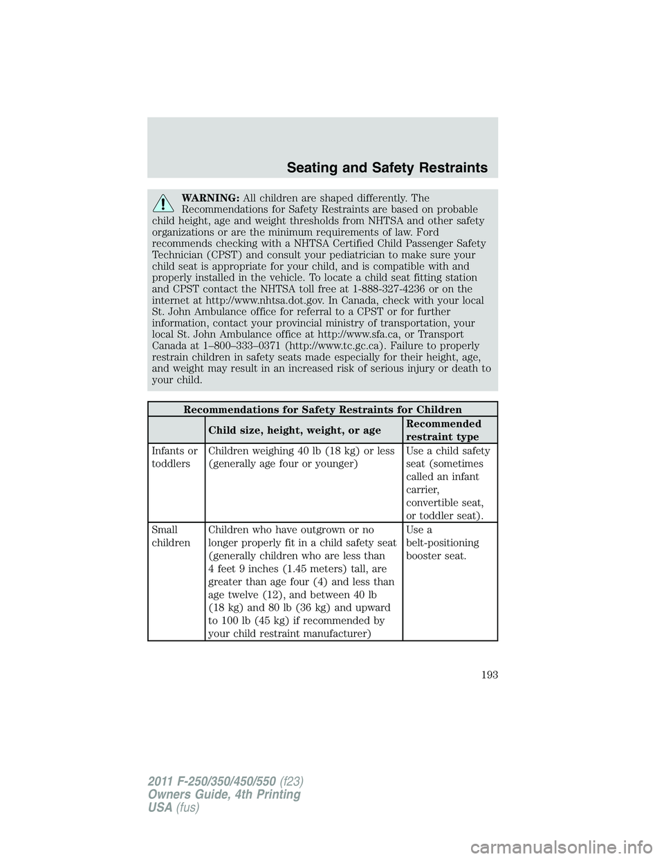 FORD F250 2011 Owners Manual WARNING:All children are shaped differently. The
Recommendations for Safety Restraints are based on probable
child height, age and weight thresholds from NHTSA and other safety
organizations or are th FORD F250 2011 Owners Manual WARNING:All children are shaped differently. The
Recommendations for Safety Restraints are based on probable
child height, age and weight thresholds from NHTSA and other safety
organizations or are th